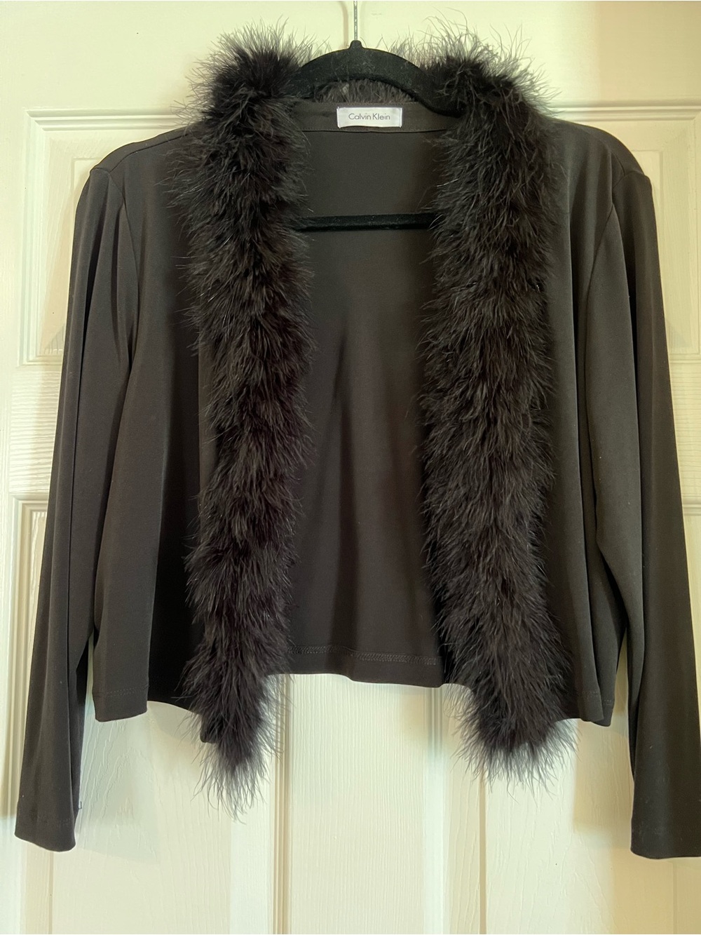 Calvin Klein Black Bolero/Shrug Cardigan Marabou Trim, Open Front, L/XL